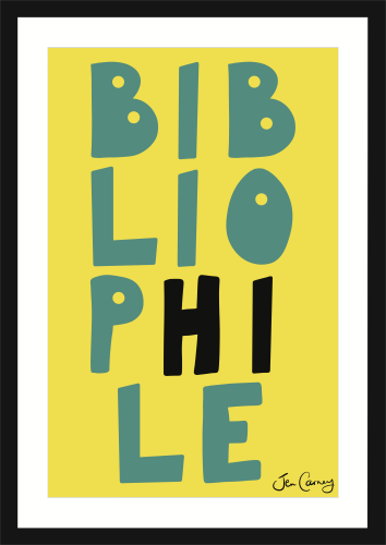 A frames and mounted piece of illustrated wall art of the word bibliophile.