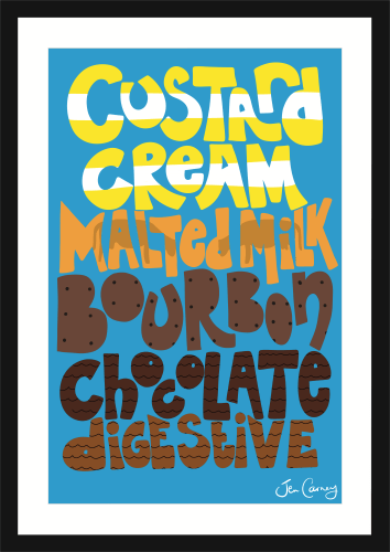 A framed and mounted piece of illusatrted wall art of the names of some British biscuits.