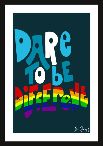 A framed and mounted piece of illusatrted wall art of the phrase Dare To Be Different.